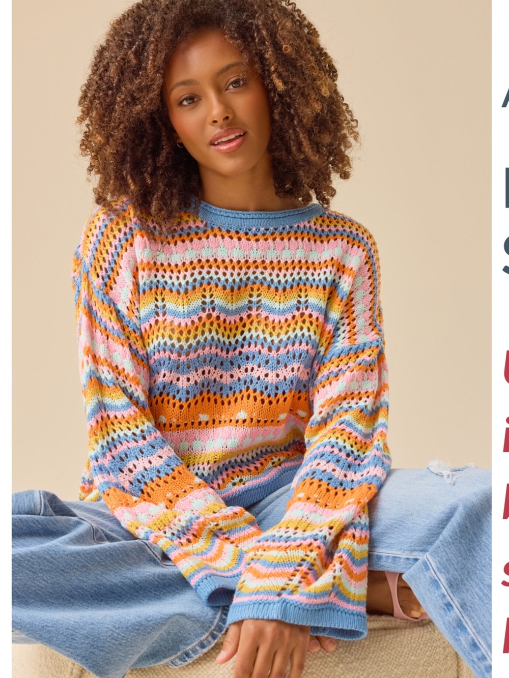 EUC Altar’d State Size Large- Multicolor Open‑Knit Crewneck Sweater